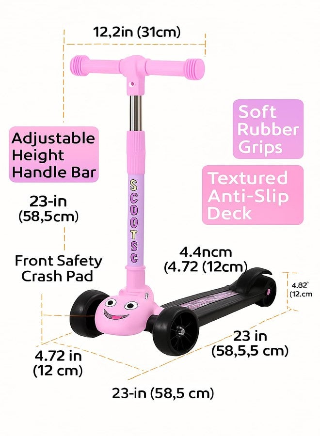 TOBY Kids 3-Wheel Scooter with Flash Wheels, Adjustable Height Handlebar, Foldable Design, Cartoon Face for Boys & Girls (Pink, Ages 3-8) - Image 3